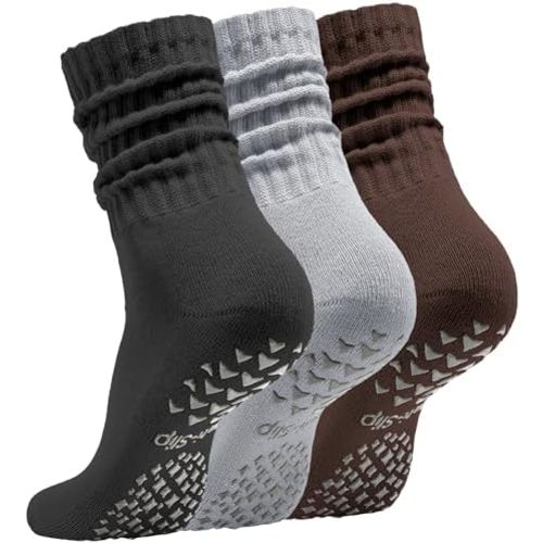 Women’s Pilates Socks with Grips – 3 Pairs Scrunch Crew Non-Slip Yoga Barre Workout Hospital Slipper Slouch Socks