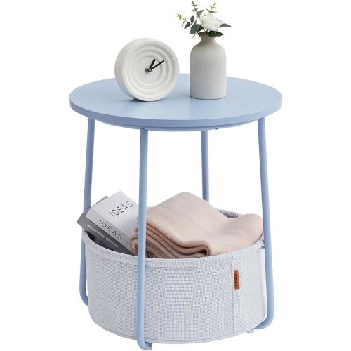 VASAGLE Small Round Side End Table, Modern Nightstand with Fabric Basket, Pale Blue and Ice Blue ULET223Q62