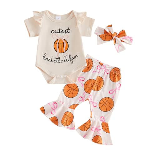 Newborn Baby Girl Basketball Outfit Cutest Basketball Fan Bow Romper Flare Pants Set 3Pcs Infant Summer Clothes