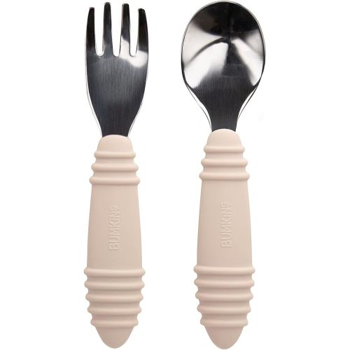 Bumkins Toddler Utensils, Kids Size Fork and Spoon Set, Silicone and Stainless-Steel Training Silverware, Angled Forks/Sporks for Self-Feeding, Children Hold Learning to Eat, 18 Mos Up, Sand Beige