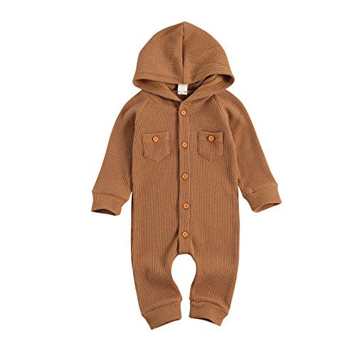 Ynibbim Winter Newborn Baby Boy Girl Solid Romper Unisex Infants Hooded Outfit Clothes Waffle Cotton Button Jumpsuits