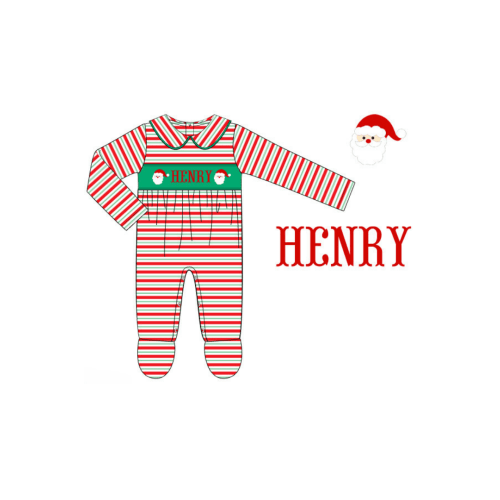 Pre-Order Hand Smocked Custom Name Santa Stripe Footed Romper