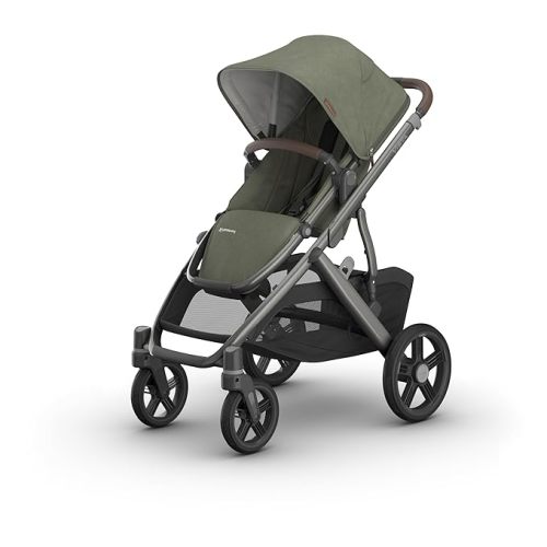 UPPAbaby Vista V3 Full-Size Single-to-Double Stroller System, Toddler Seat, Bug & Rain Shields, Storage Bag Included, Evelyn (Meadow Green/Graphite Frame/Chestnut Leather)