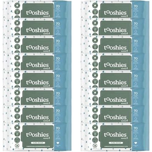 Tooshies Wipes | Pure Water | 100% Plastic Free | Biodegradable | Fragrance Free | 16 x 70pk (1120 Wipes)