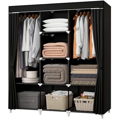 Portable Closet, Bedroom Wardrobe Closet for Hanging Clothes | 2 Hanging Rods, 8 Storage Organizer Shelves, Pipe Diameter 16mm, Durable and Easy to Assemble, Black
