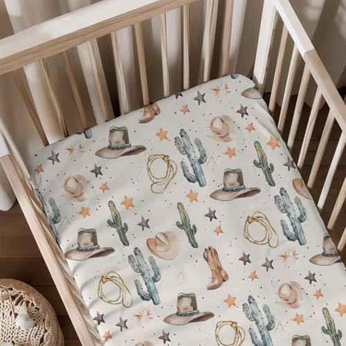 Western Cactus Hats Stars Pattern Baby Sheets for Crib, Unisex Western Theme Nursery Fitted Bed Sheet for Boys Girls Standard Crib and Toddler Mattress-28x52