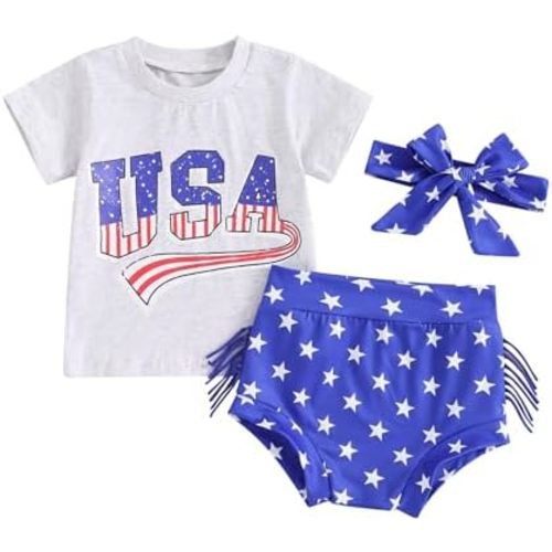 Fernvia Western Toddler Baby Girl Clothes Letter Short Sleeve T-Shirt Top + Tassel Shorts Outfits + Headband 3Pcs Set
