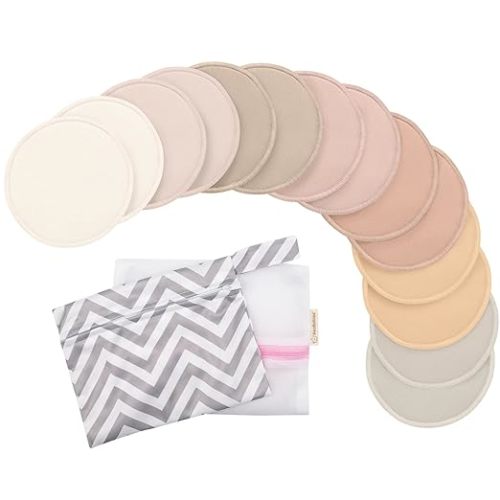 14-Pack Reusable Nursing Pads for Breastfeeding-Soft & Absorbent 4-Layers Washable Breast Pads for Leaking Milk,Viscose from Bamboo Breastfeeding Essentials,Nipple Covers(Neutrals, L 4.8")