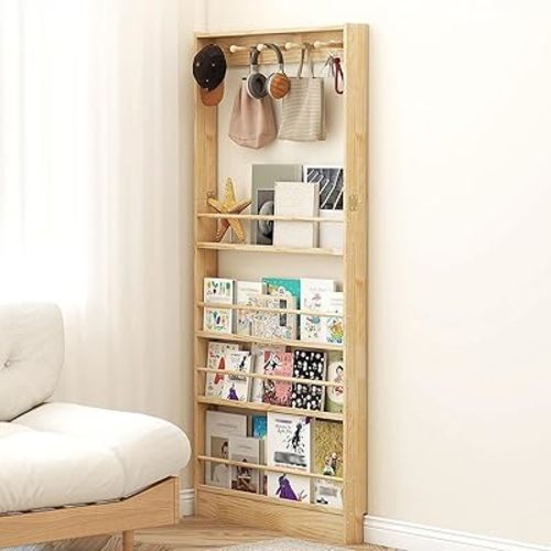 Behind The Door Bookshelf, 68''H Wood Bookshelf Storage Cabinet, Wall Mounted Book Shelf Space-Saving Slim Organizer Bookcase with Hooks for Toys, Books, CDs and Magazines