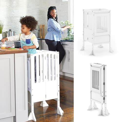 Guidecraft Kitchen Helper Toddler Tower Step Stool - Contemporary - White: Folding Adjustable Height Montessori Wooden Learning Furniture with Keepers