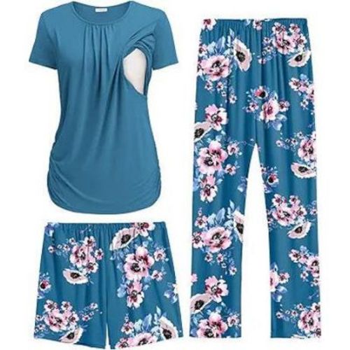 Ekouaer Maternity Nursing Pajamas Set 3 Piece Postpartum Lounge Breastfeeding Pjs Pregnancy Shorts & Pants Floral Teal XL