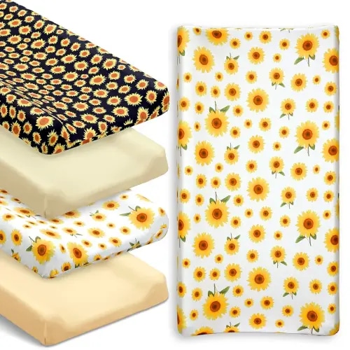 4 Pieces Muslin Sunflower Changing Pad Cover Diaper Fall Floral Change Table Sheets Thanksgiving Day Nursery Changing Pad Sheets Diaper Pad Cover for Baby Boys Girls, 31.5 x 15.75 Inches