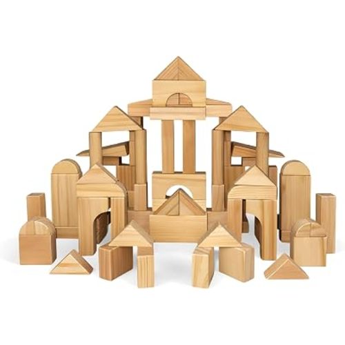 Standard Unit Building Blocks for Toddlers with Storage Tray (64 Pcs) Sanded Wood Blocks for Children, Original STEAM, and STEM Learning, Classic Wooden Toys for Kids Parties and Classrooms