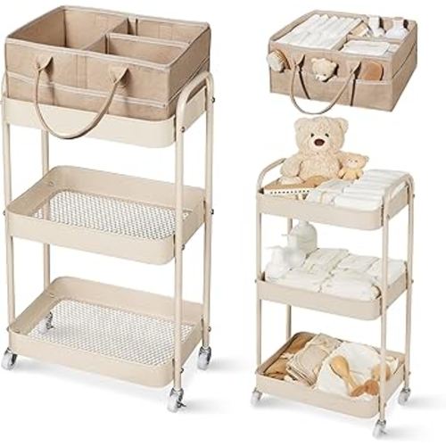 Fortella Baby Diaper Caddy, 3 Tier Rolling Storage Cart for Baby Essentials, Diaper Cart with Detachable Dividers, Storage & Baby Bottle Organizer, Nursery Dresser for Bedroom, Living Room (Taupe)
