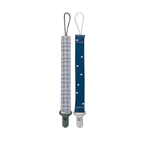 Nuby Pacifinder Baby Pacifier Clip - (2-Pack) - Pacifier Holder Clip with Convenient Hook Loop - Gray Plaid and Blue Stars