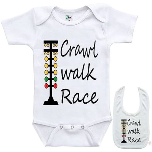 Crawl Walk Race -Cute Car Racing outdoor sports Baby bodysuit onesie & bib