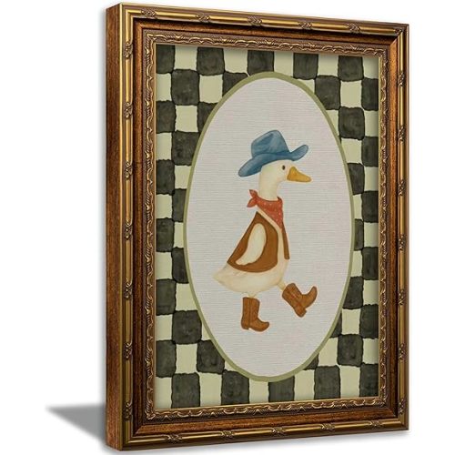 Vintage Gold Framed Wall Art Cowboy Silly Goose Nursery Painting Canvas Prints Baby Boy Western Duck Checkered Picture Wall Decor Rustic Farmhouse Poster Artwork for Living Room Bedroom Bathroom