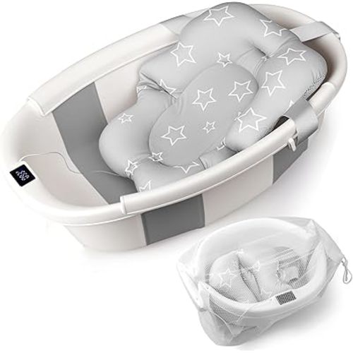 Baby Bathtub, Baby Tub with Thermometer & Soft Cushion, Collapsible Baby Bathtub from Newborn to Toddler Bathtub 0-36 Months, Foldable for Quick Use & Portable for Travel(Grey)