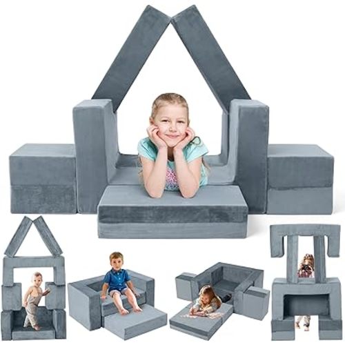 Kids Couch Sofa, 7 Pcs Modular Toddler Couch, Freely Removable Kids Chair Sofa for Playing, Creativity, Sleeping, Versatile Fold Out Baby Play Couch Set for Playroom, Bedroom Furniture