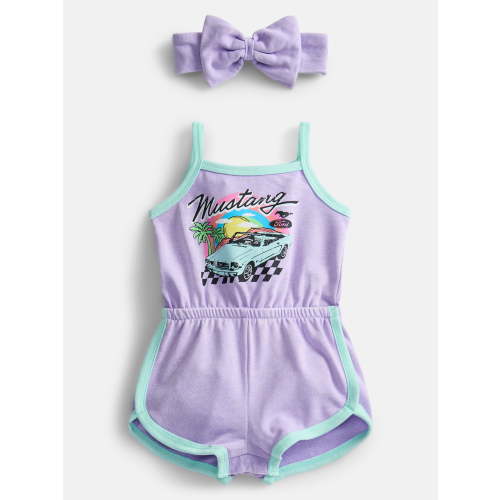 Mustang Baby Girls Sleeveless Graphic Romper with Matching Bow Headband, Sizes 0/3M-24M