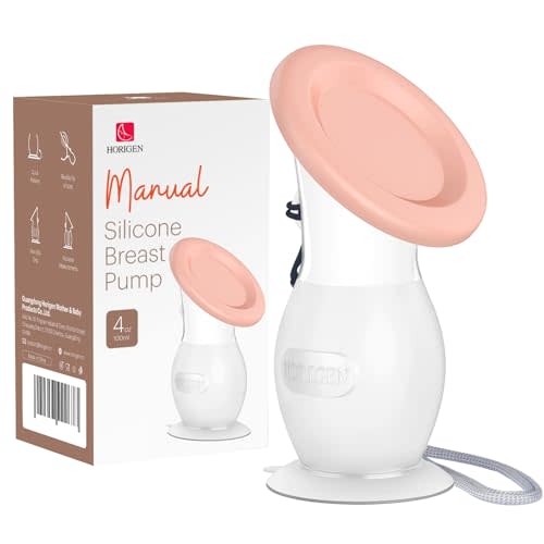 HORIGEN Manual Breast Pump for Breastmilk, 4 Ounce BPA-Free & Food Grade, Portable Leak-Proof Lid & Suction Base Silicone Wearable Hand Pump Collectors for Expressing Milk, Home, Work, Travel