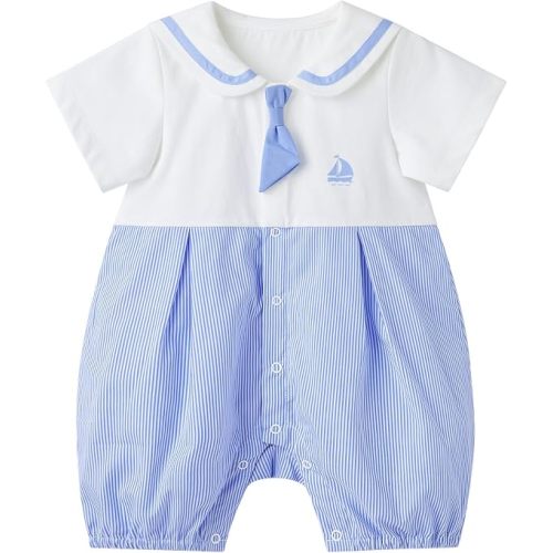pureborn Baby Boy Romper One-Piece Cotton Outfit Summer Clothes 0-24M | Silky soft, breathable, sailor-themed, summer short sleeves, gentle on skin, snap button for easy on and off