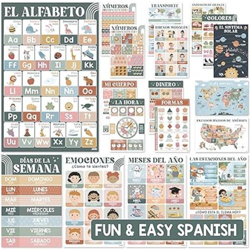 BEAWART 18 pósteres laminados de aula de español (11 x 17 pies), decoraciones bohemias para el aula, Abecedario para niños en español, carteles educativos bilingües para niños pequeños de 1 a 3 años