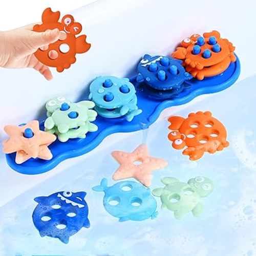 Toddler Bath Toys,Silicone Shape Sorting Stacking Baby Bath Toy,Color Sorting Molds Free Textured Floats,No Hole Early Learning Bathtub Shower Toys,First Birthday Gifts for Boys Girls,Baby Shower Gfit
