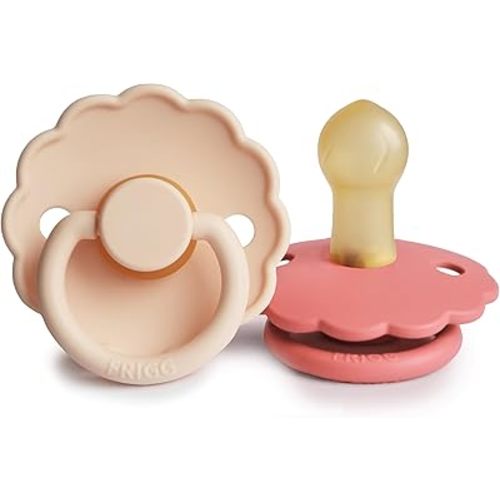 FRIGG Daisy Natural Rubber Baby Pacifier | Made in Denmark | BPA-Free (Pink Cream/Poppy, Size 1) 2-Pack