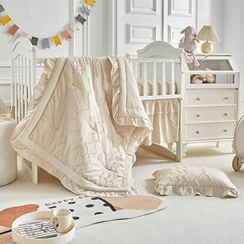 AIKASY The Ruffled Shabby Crib Bedding Set for Girls, Baby Quilted Comforter with Fitted Sheet, Bed Skirt, and Pillowcase.