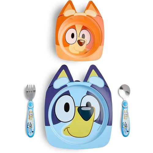 The First Years Bluey Kids Dinnerware Set - Includes Bluey Suction Plate, Bingo Suction Bowl, and Stainless Steel Toddler Silverware - Toddler and Baby Feeding Essentials - 4 Count