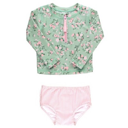 RuffleButts Girls Long Sleeve Zipper Rash Guard 2-Piece - Tea Roses, Size : 6-12 Months