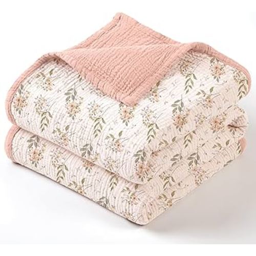 lulumoon Muslin Baby Blanket for Girl: Lightweight Cotton for Newborns - Soft Nursery Blanket for Stroller 47"×47"(Pink Floral)