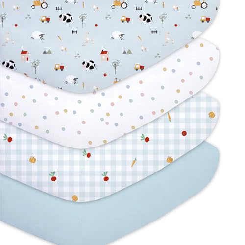 Plushii 4 Pack Fitted Crib Sheets for Baby Boys, 28"x 52" Extra Soft Microfiber Crib Sheet Set for Standard Crib & Toddler Mattress Pad,Blue Sheep