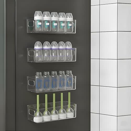 MGY 4Pack Clear Magnetic Baby Bottle Organizer for Refrigerator, Space-Saving Storage Container for Baby Bottles,Bottle Organizer