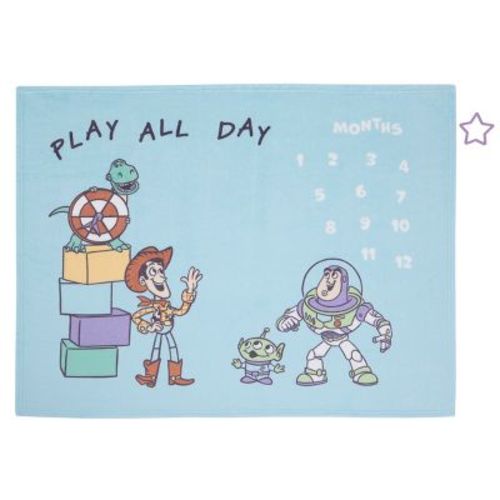 NoJo Disney Toy Story Play All Day Milestone Baby Blanket - Woody, Buzz, Rex and Alien, Blue and White