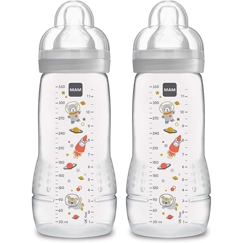MAM Easy Active Baby Bottles 11oz, Fast Flow Skinsoft Silicone Nipple with Wide Neck Ergonomic Design, Easy to Hold, BPA-Free, Bottles with Leak-Proof Caps for 4+ Months Baby