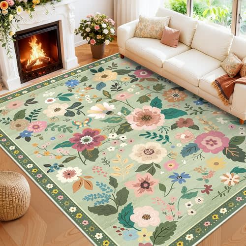 RELEANY Floral 8x10 Area Rug Machine Washable Soft Print Boho Carpet Non Slip Doormat Low Pile Flower Area Rugs for Living Room Bedroom Nursery Kitchen Dining Room Indoor-Light Green