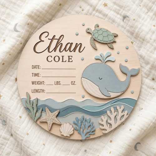 Ocean Baby Stats Sign, Personalized Dolphin Turtle  Nursery Decor, Custom Wooden Birth Announcement Board, Newborn Gift, Animals Name Sign