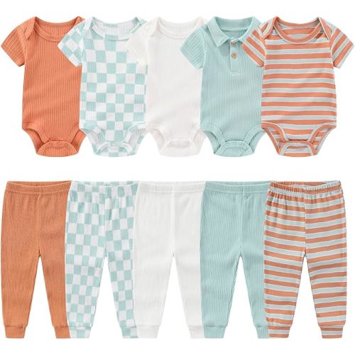 Newborn Baby Layette Gift Set 10-Piece Baby Boy Girl Short Sleeve Bodysuits with Pants Infant Outfit Essentials
