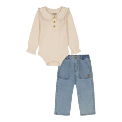 Baby Girls 2-Piece Peter-Pan Collared Bodysuit and Wide Leg Denim Pants Set