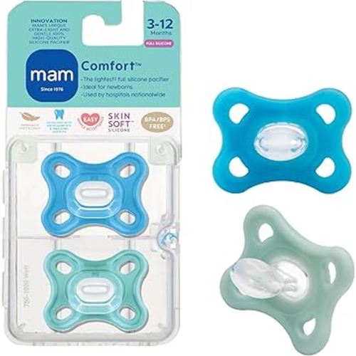 MAM Comfort Baby Pacifiers, Lightweight One-Piece Full Silicone Binky for Newborns 3-12 Months, BPA-Free, Easy to Clean Pacifier, Best for Breastfed Babies, with Sterilizer Case, 2 Count Binkies