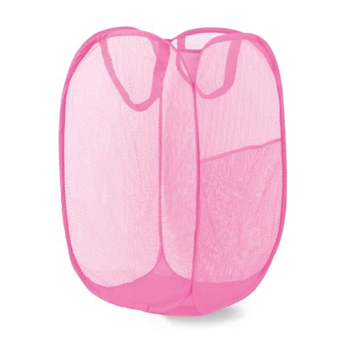 Pop Up Laundry Hamper, Mesh Laundry Basket Collapsible, Foldable Hamper for Travel and Storage (Pink)