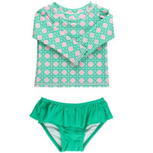 RuffleButts Baby Girls UPF50+ Skirted Flutter Long Sleeve Rash Guard Bikini - Pink Coastal Cane, 3-6m