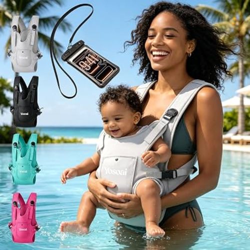 Premium Neoprene Water Baby Carrier, Safer Wider 50mm Strap & 60mm Slide Lock Buckle, Ergonomic X+H Back Support, Quick Dry Land & Water Baby Carrier with Waterproof Phone Pouch
