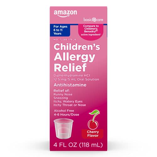 Amazon Basic Care Children's Allergy Relief Oral Solution, Diphenhydramine HCl Antihistamine, Cherry Flavor, 4 fl oz (Pack of 1)