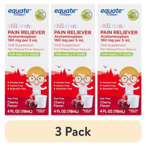 (3 pack) Equate Children's Dye-Free Pain & Fever Relief Acetaminophen Oral Suspension, 160 mg, Cherry Flavor, Ages 2 to 11 Years, 4 fl oz, Compare to Children's Tylenol® Oral Suspension Active Ingredient