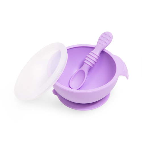 Bumkins Baby Silicone First Feeding Set w/ Bowl, Lid & Spoon for Ages 4 months+ (Lavender)