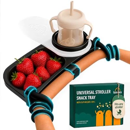 Universal Stroller Snack Tray with Cup Holder 2 in 1 - Stroller Tray Attachment for Baby & Toddler - Baby Stroller Accessories - Fit Most Strollers, Dishwasher Safe with Dust Cover & Silicone Arms