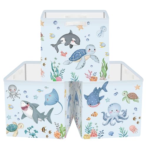 Clastyle 11.8" Ocean Animal Storage Basket Set of 3 for Kid Toy Clothes Bin | Collapsible Fabric Book Bin, Metal Frame Bottom Board, Cube Organizer, Closet Nursery Pantry Shelf Bedroom, Blue Whale